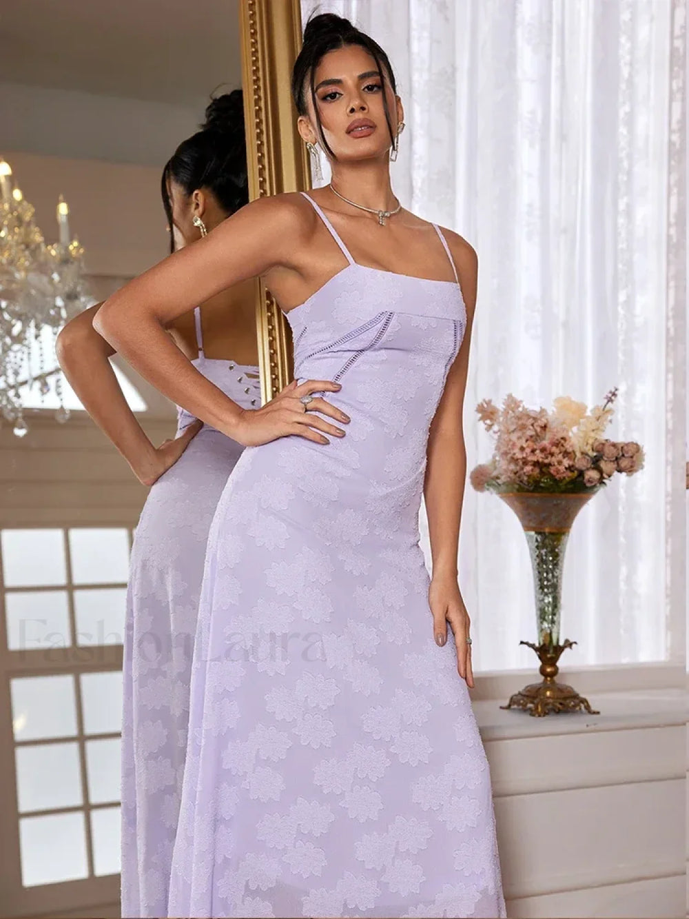 Purple Spaghetti Lace Maxi Dress