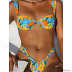 Push Up Floral Thong Bikini Set Blue And Yellow / S