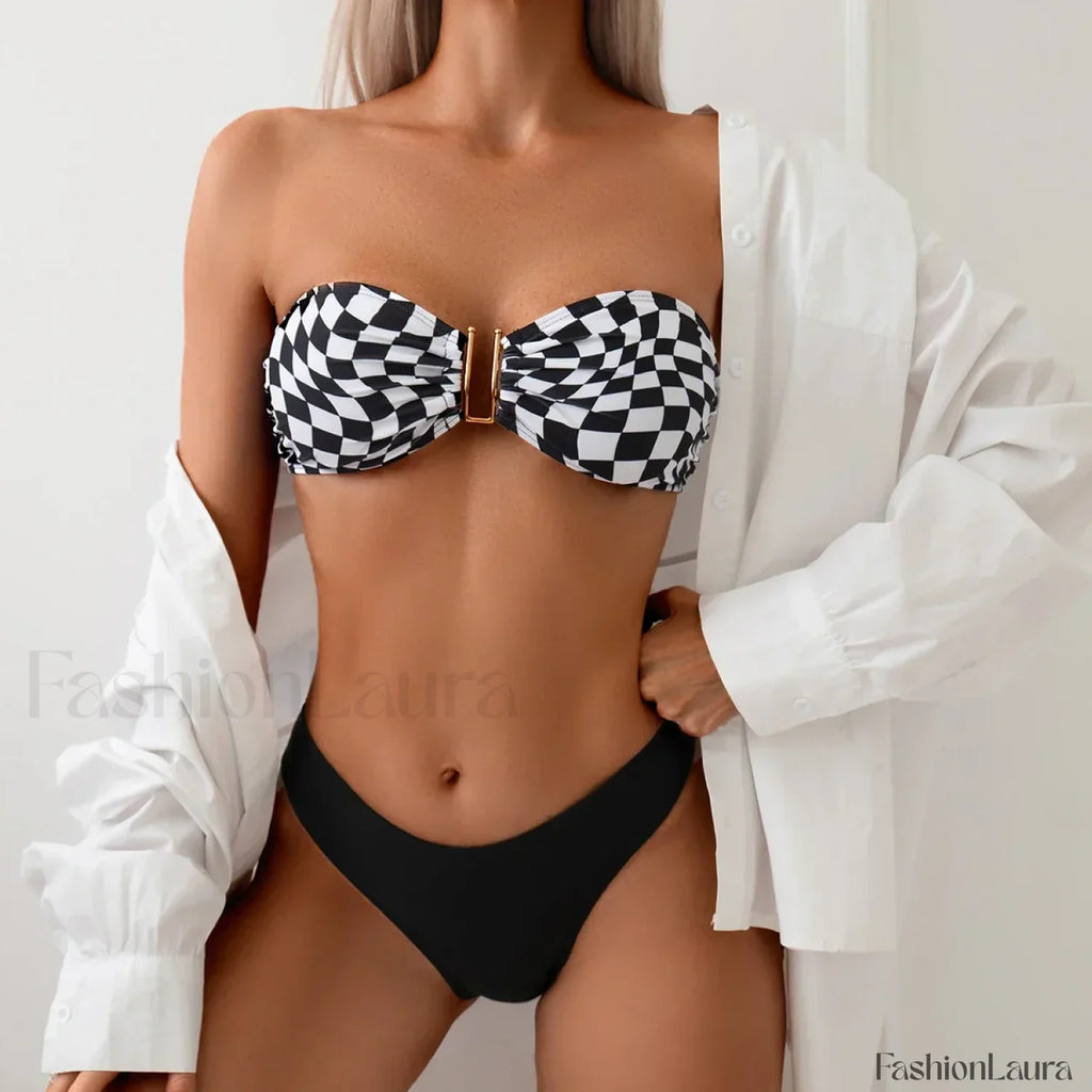 Push Up Plaid Bandeau Bikini Set