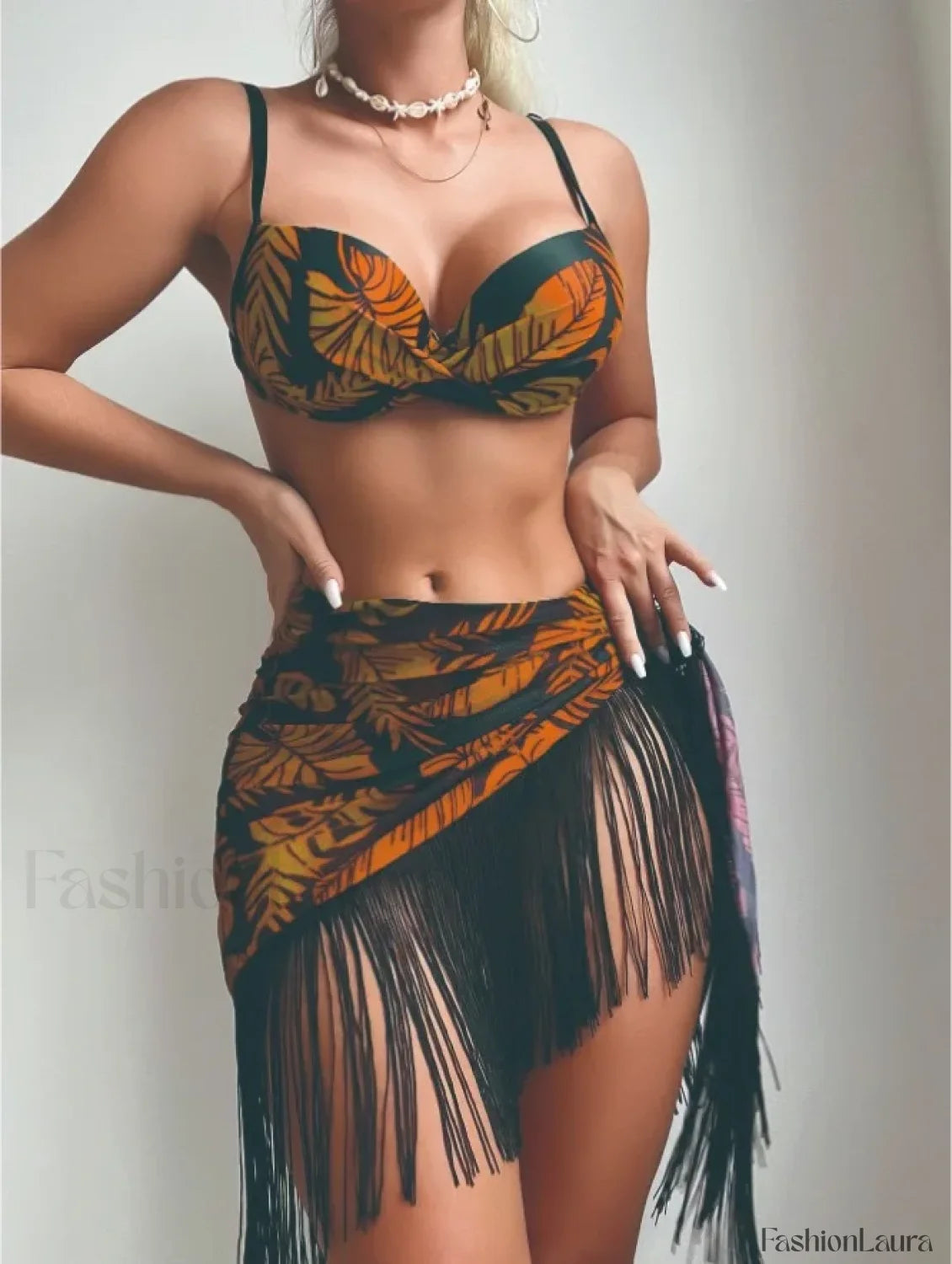 Push Up Tassel Micro Bikini Three Piece Set Yellow / S