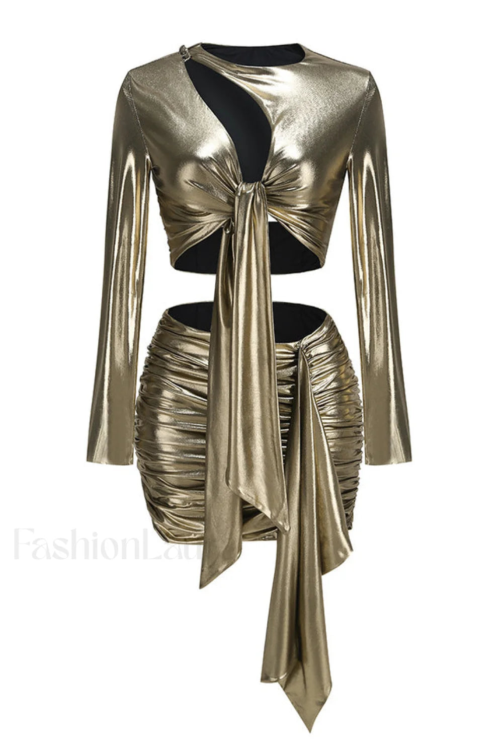 Radiance Metallic Tie Knot Graceful Top + Skirt Set XS / Gold