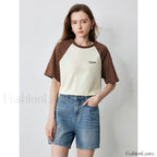 Raglan Sleeve Pure Cotton Casual T Shirt Brown Light Yellow / S