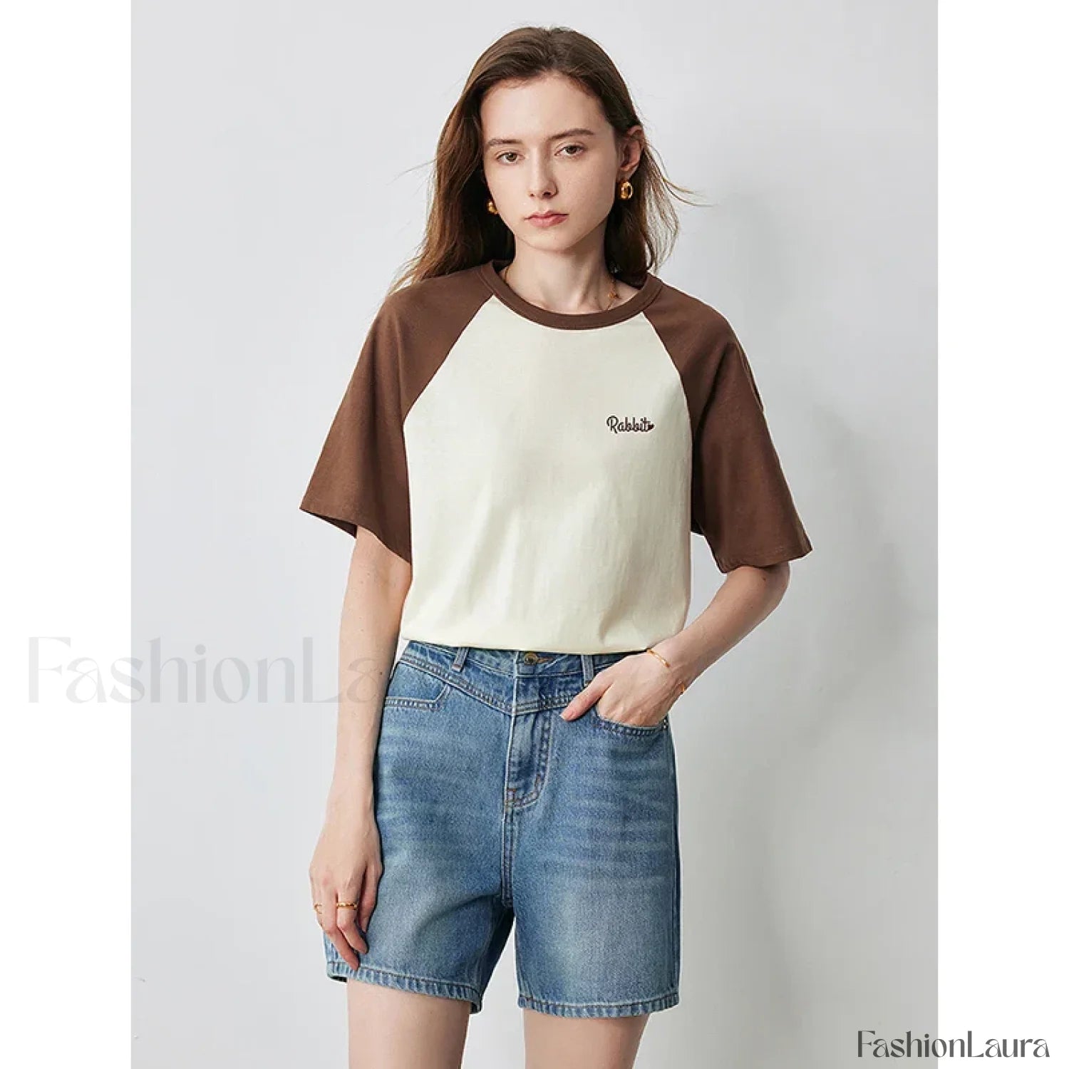 Raglan Sleeve Pure Cotton Casual T Shirt Brown Light Yellow / S
