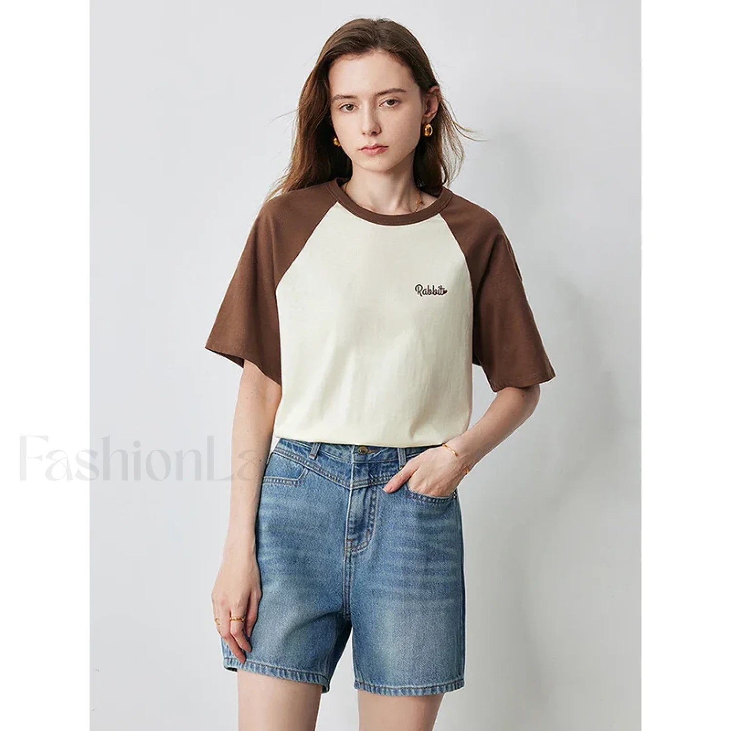 Raglan Sleeve Pure Cotton Casual T Shirt Brown Light Yellow / S Main image