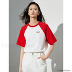 Raglan Sleeve Pure Cotton Casual T Shirt Red White / S