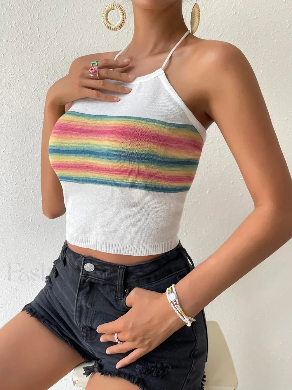 Rainbow Knitted Halter Crop Top