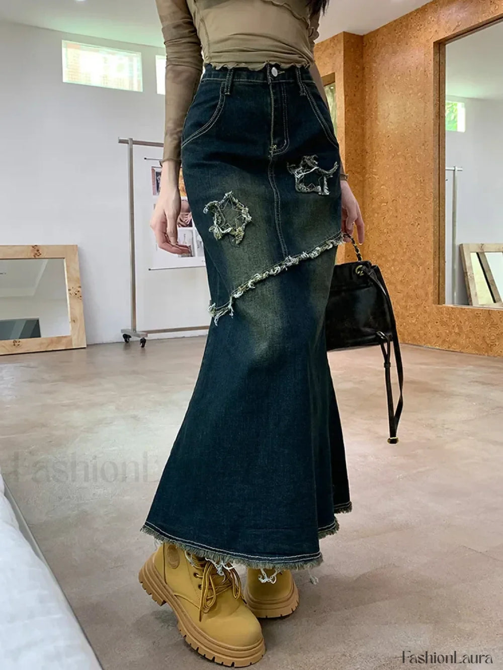 Raw Trim Mermaid Hem Washed Jean Long Skirt
