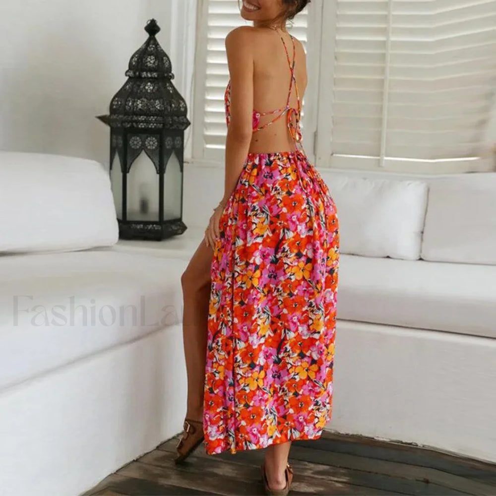 Red Bohemian Halter Floral Dress