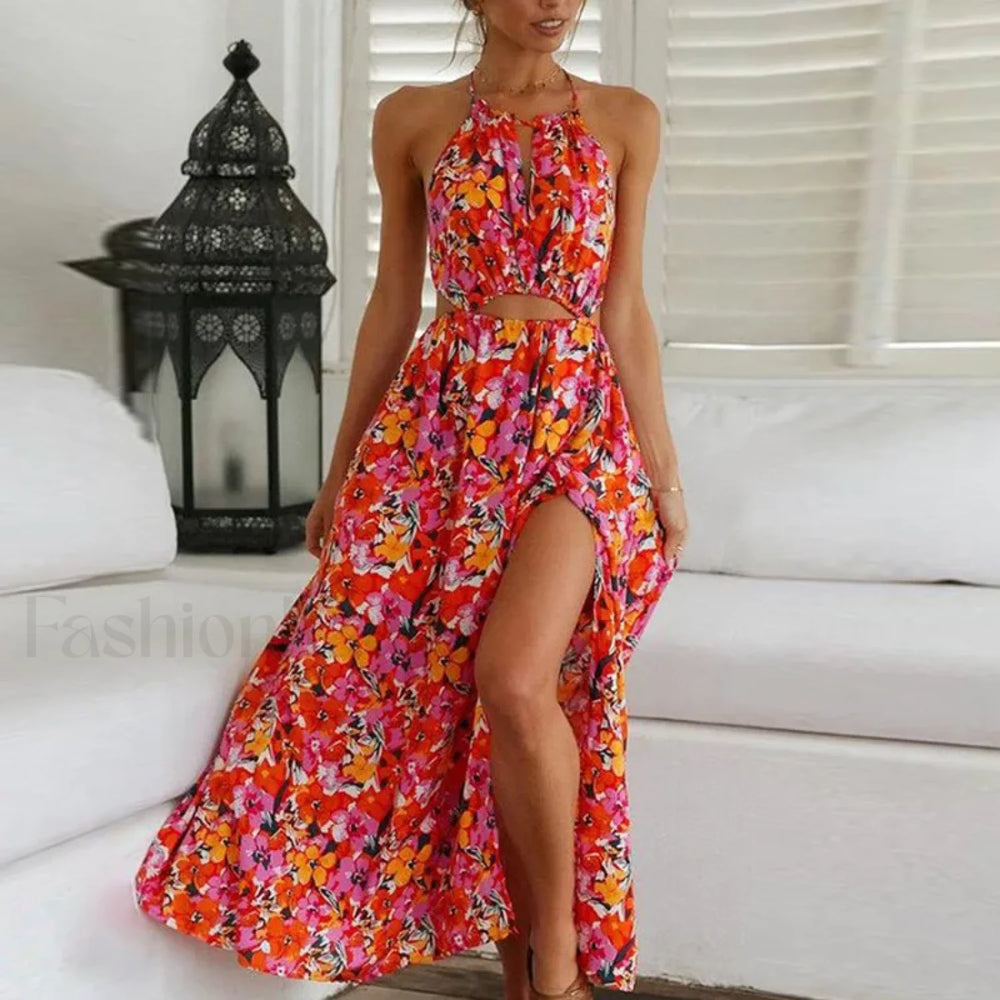 Red Bohemian Halter Floral Dress red / S