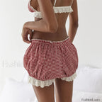 Red Gingham Lace Trim Lounge Short