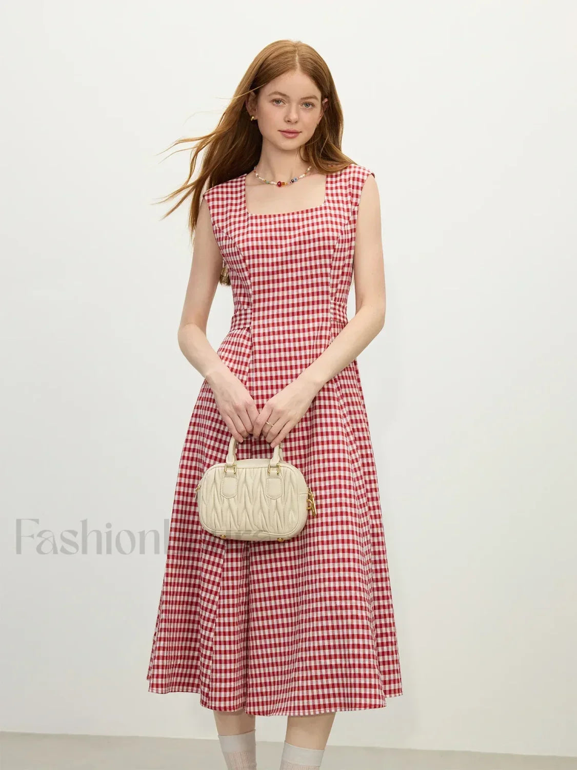 Red Plaid Sash Midi Dress Red white plaid / XS Main image