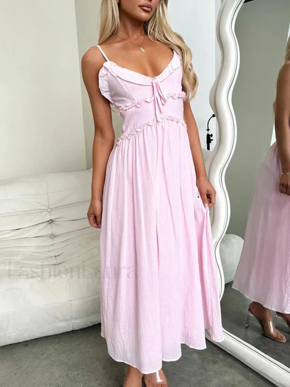 Red V Neck Camisole Midi Dress 02 Pink / S