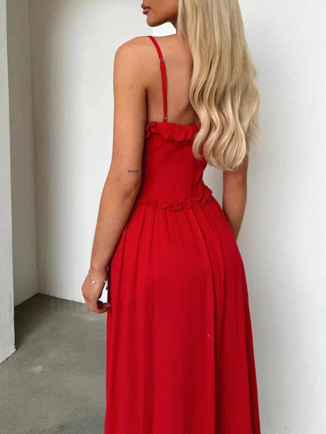 Red V Neck Camisole Midi Dress
