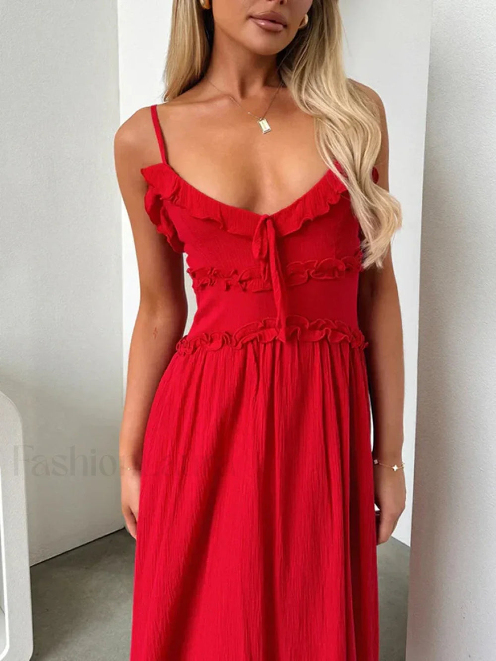 Red V Neck Camisole Midi Dress
