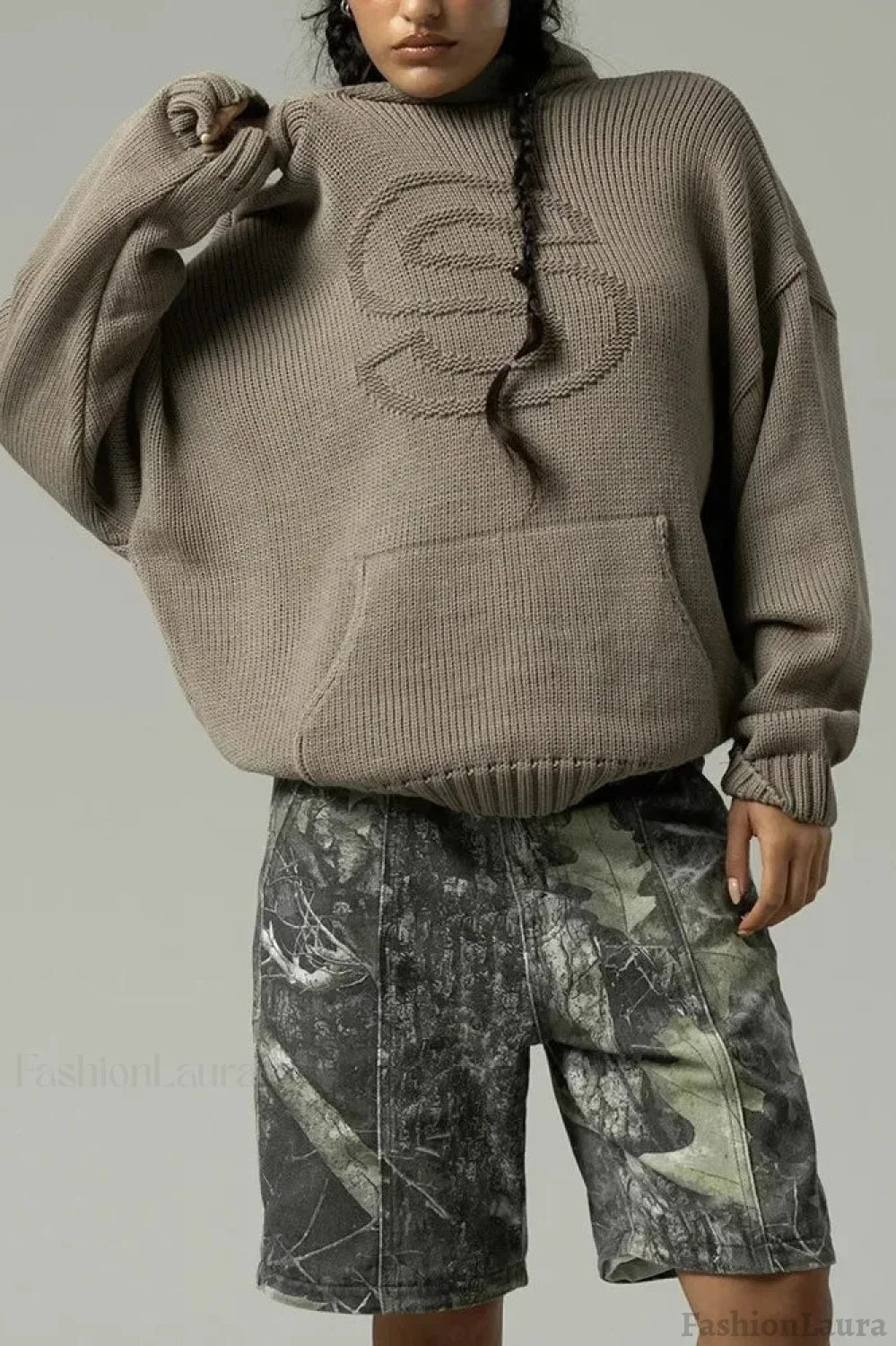 Relief Knitted Casual Loose Hoodie Brown / S