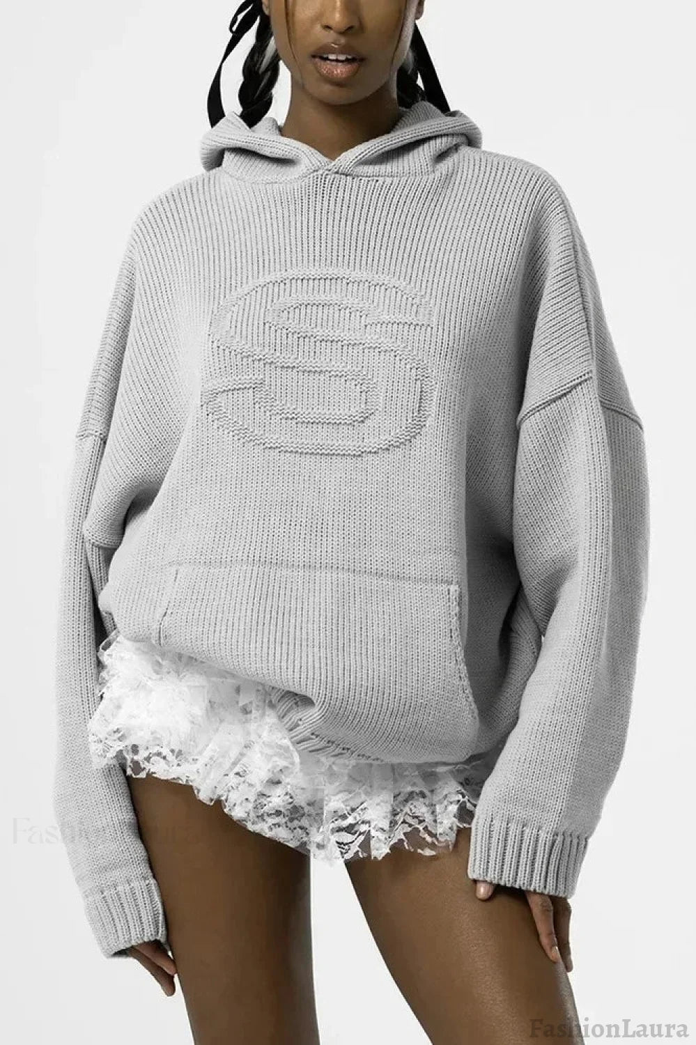 Relief Knitted Casual Loose Hoodie Grey / S Main image