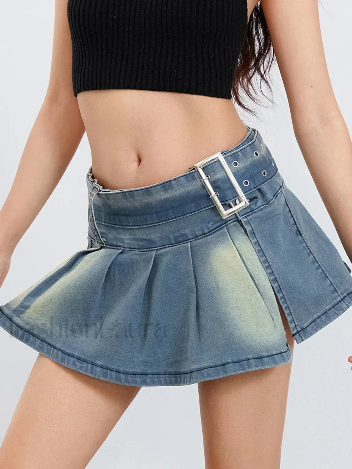 Retro Belted Pleated Denim Skirt Secondary image