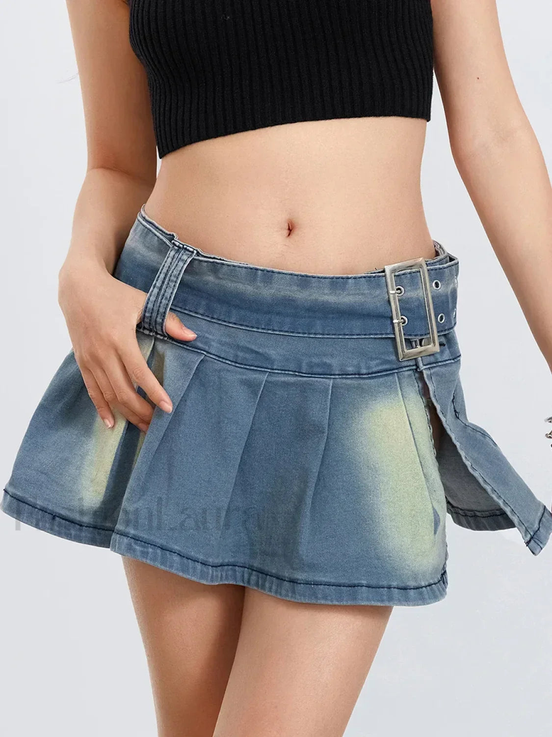 Retro Belted Pleated Denim Skirt Main image
