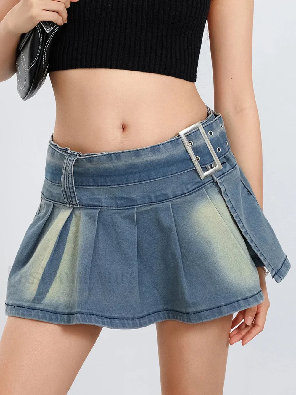 Retro Belted Pleated Denim Skirt