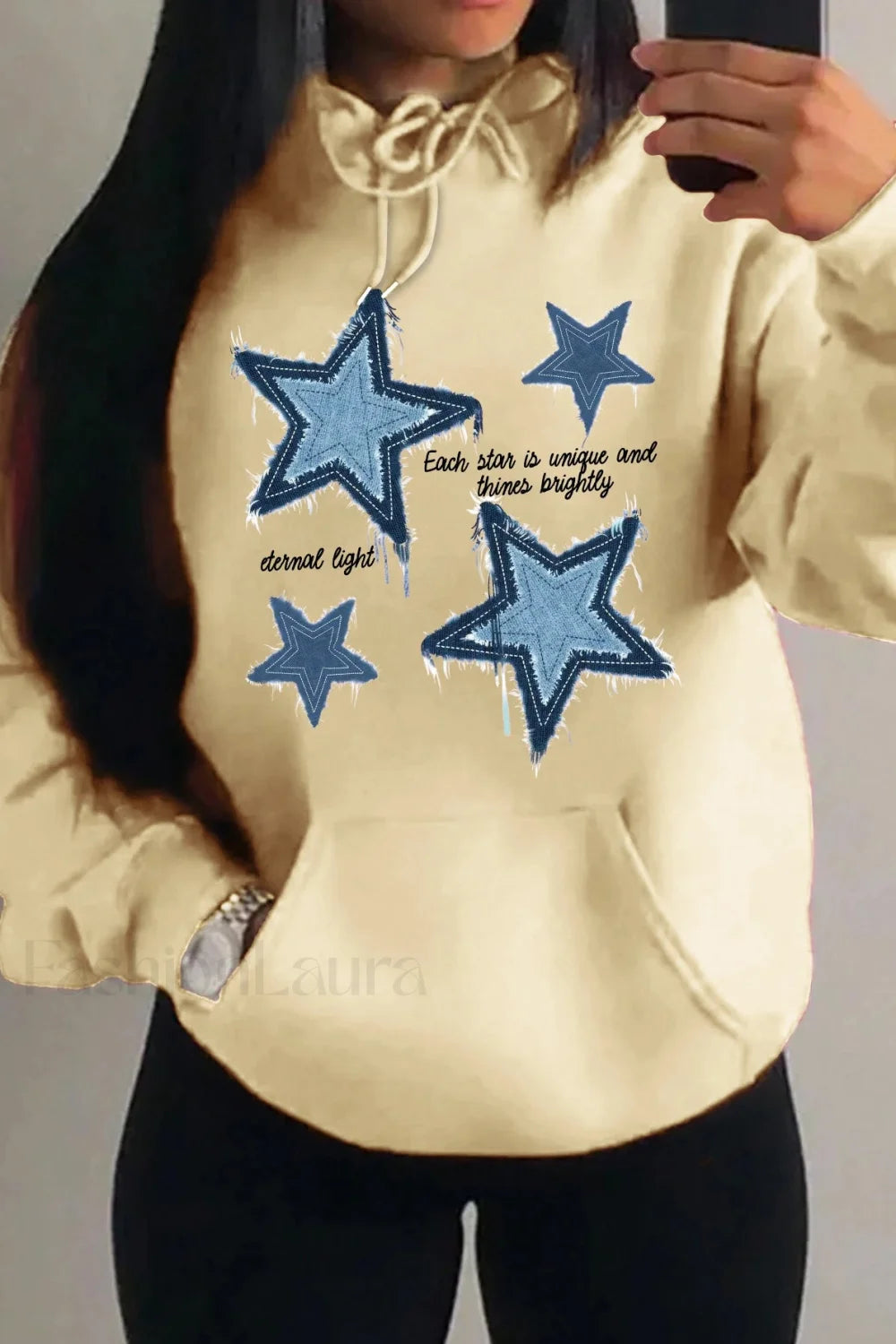 Retro Blue Star Printed Hoodie Beige / S