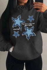Retro Blue Star Printed Hoodie Dark Grey / S