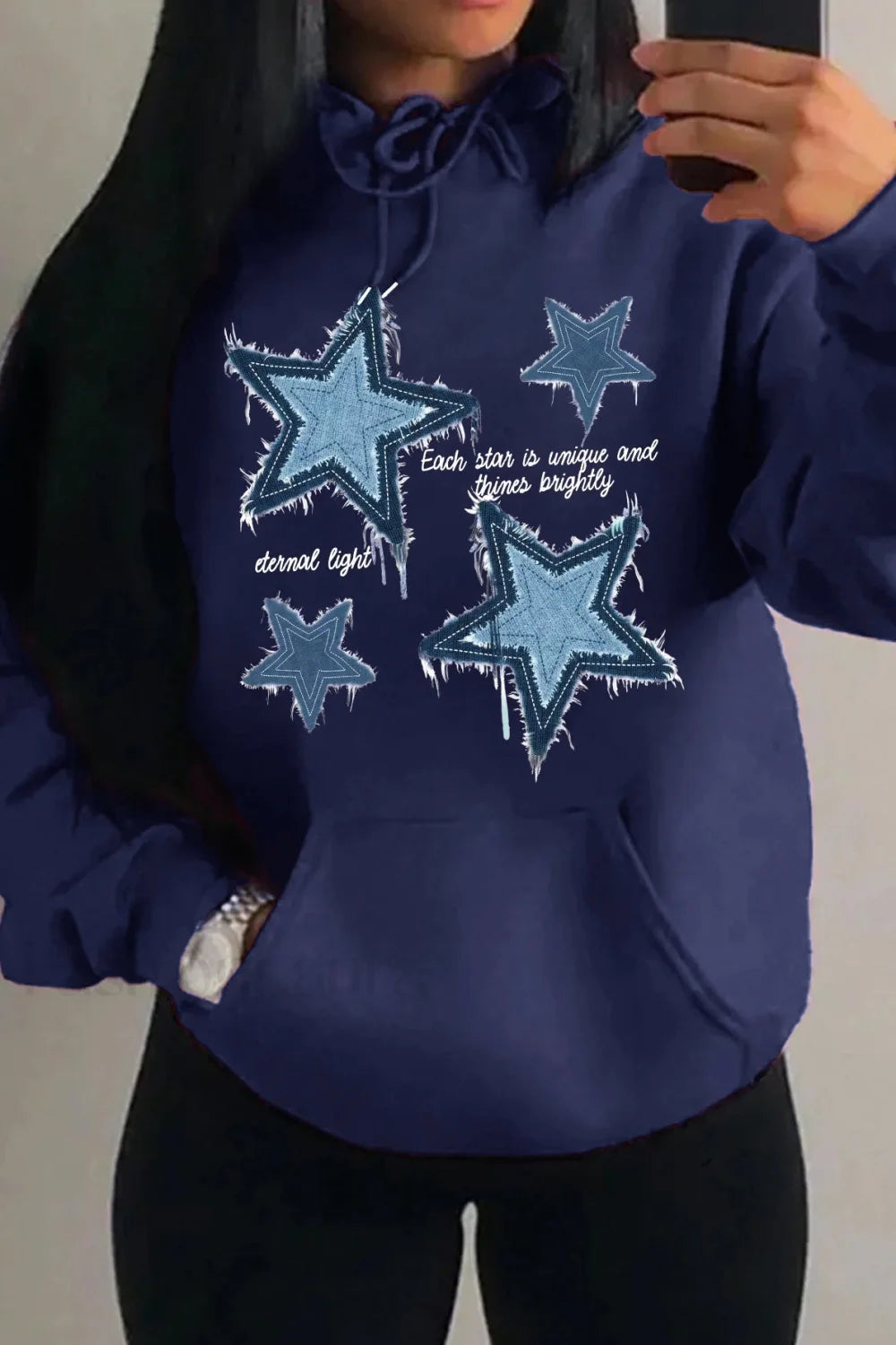 Retro Blue Star Printed Hoodie Navy blue / S