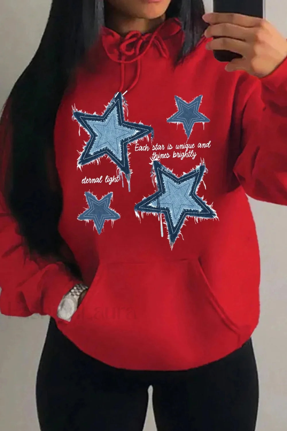 Retro Blue Star Printed Hoodie Red / S