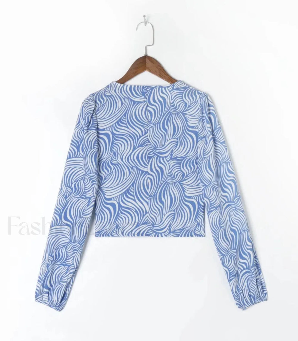 Retro Blue Zebra Striped Slim Cropped Tops Blouse