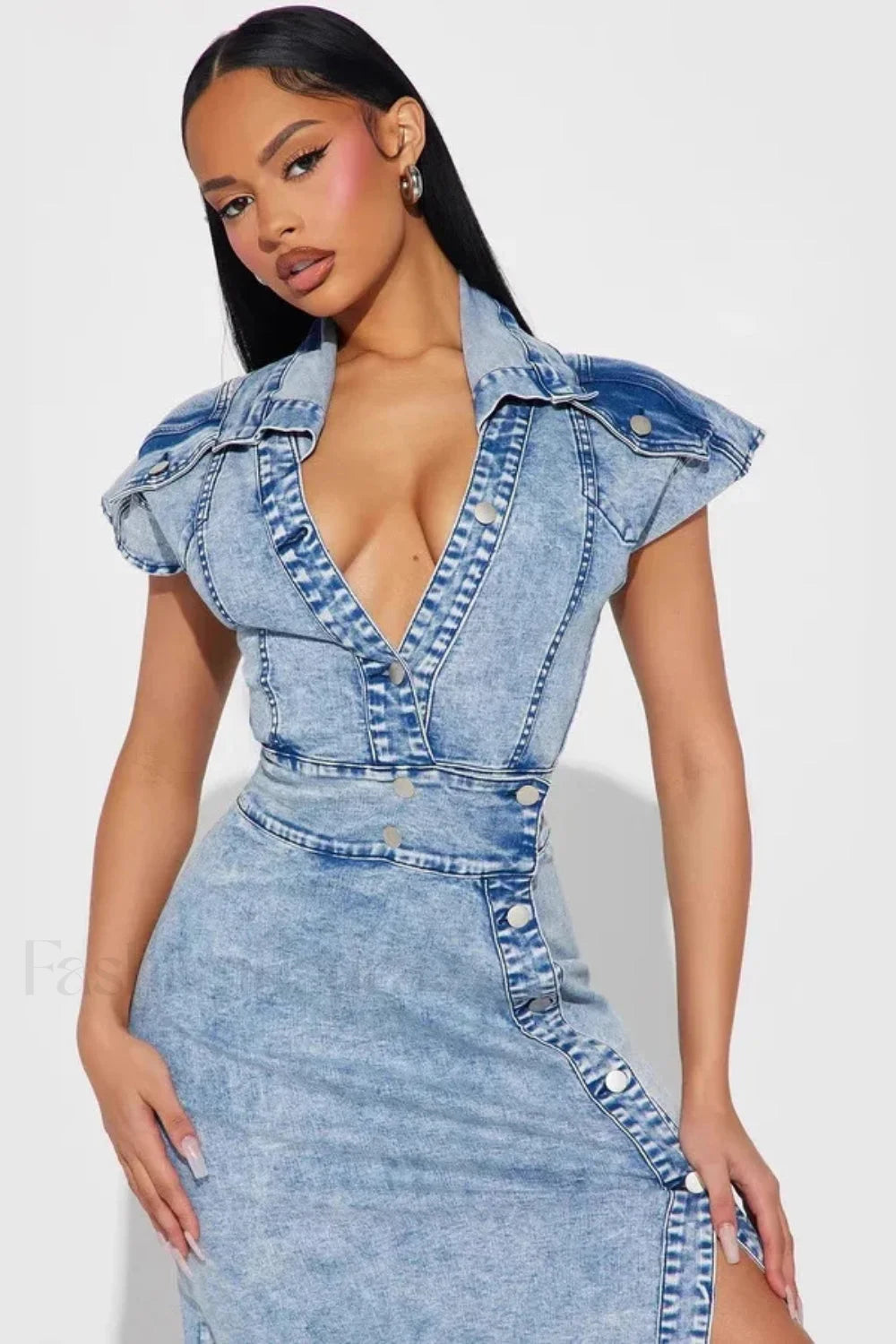 Retro Button Split Denim Maxi Dress Secondary image
