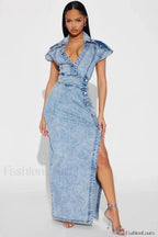Retro Button Split Denim Maxi Dress Blue / S