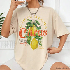 Retro Citrus Lemon Fruit Printed T Shirt Khaki / S