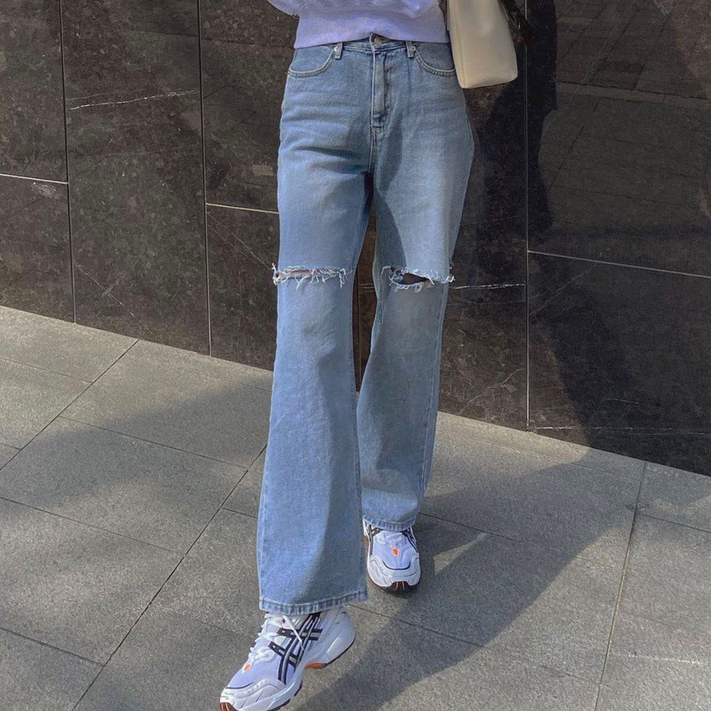 Cut Out High Waist Frayed Straight Leg Jeans Light Blue S / Light Blue Jeans