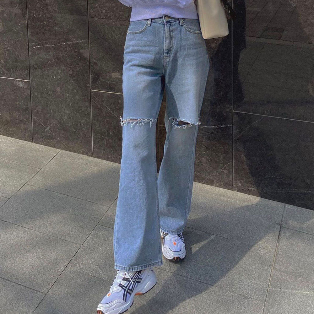 Cut Out High Waist Frayed Straight Leg Jeans Light Blue S / Light Blue Jeans