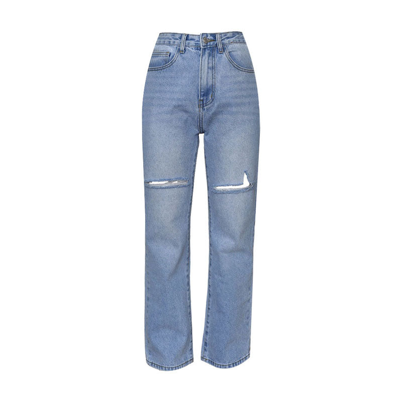 Cut Out High Waist Frayed Straight Leg Jeans Light Blue XL / Light Blue Jeans