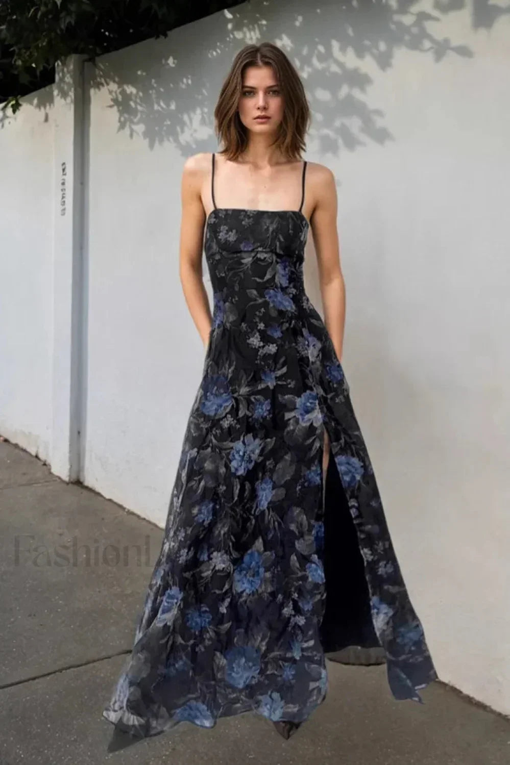 Retro Floral Strappy Backless High Split Pleated Maxi Dress Black / S Main image