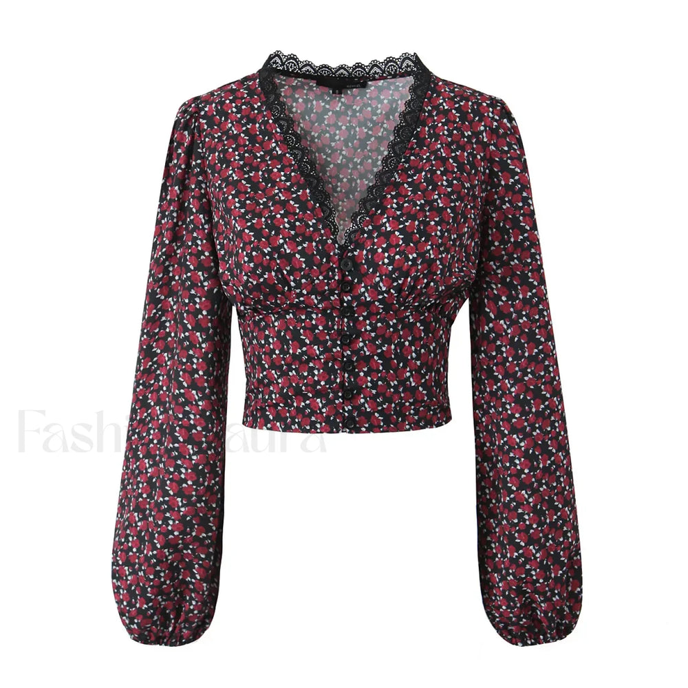 Retro Flower Print Slim Sexy Cropped Blouse