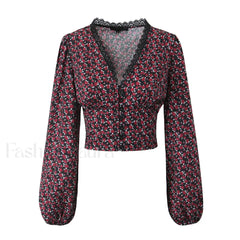 Retro Flower Print Slim Sexy Cropped Blouse