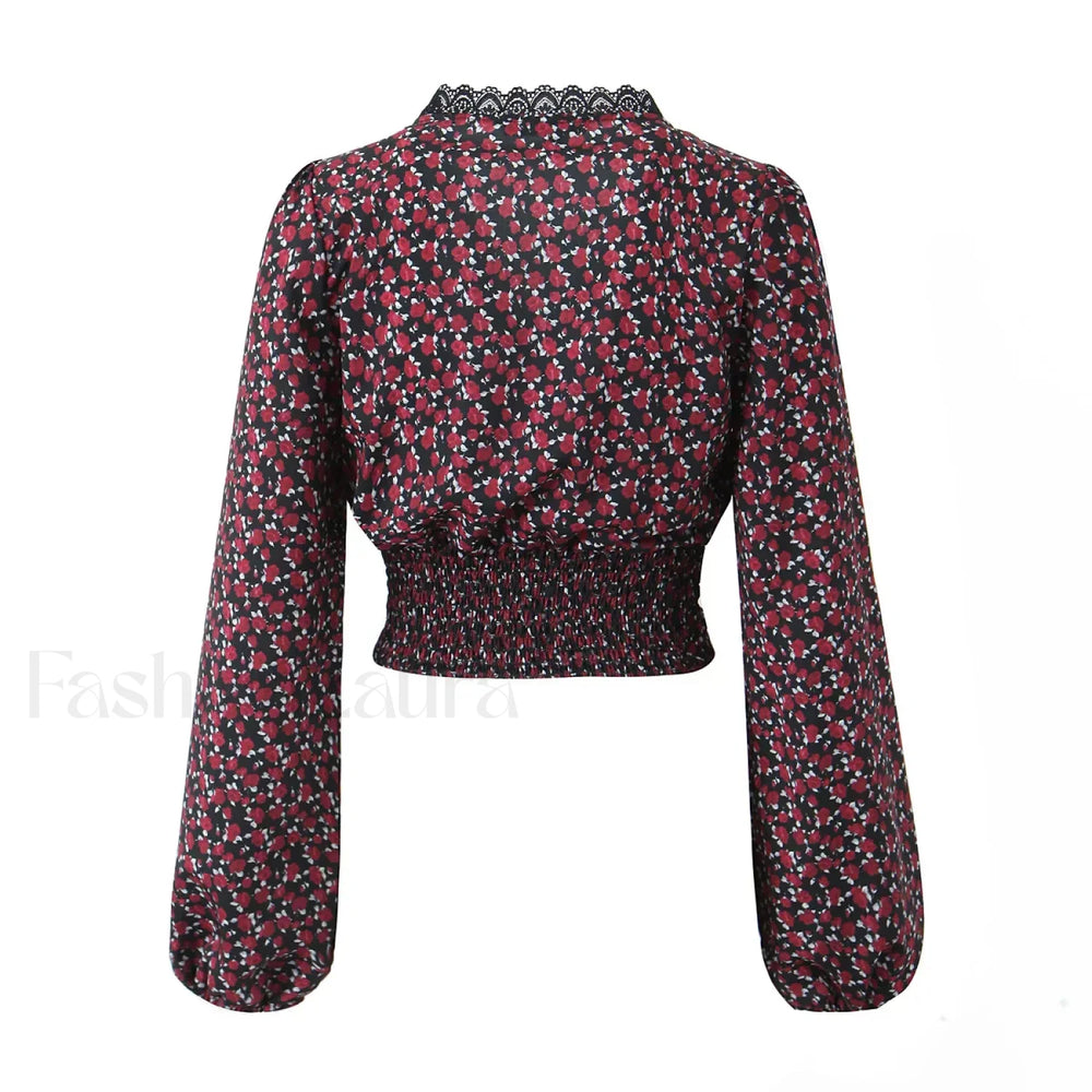 Retro Flower Print Slim Sexy Cropped Blouse