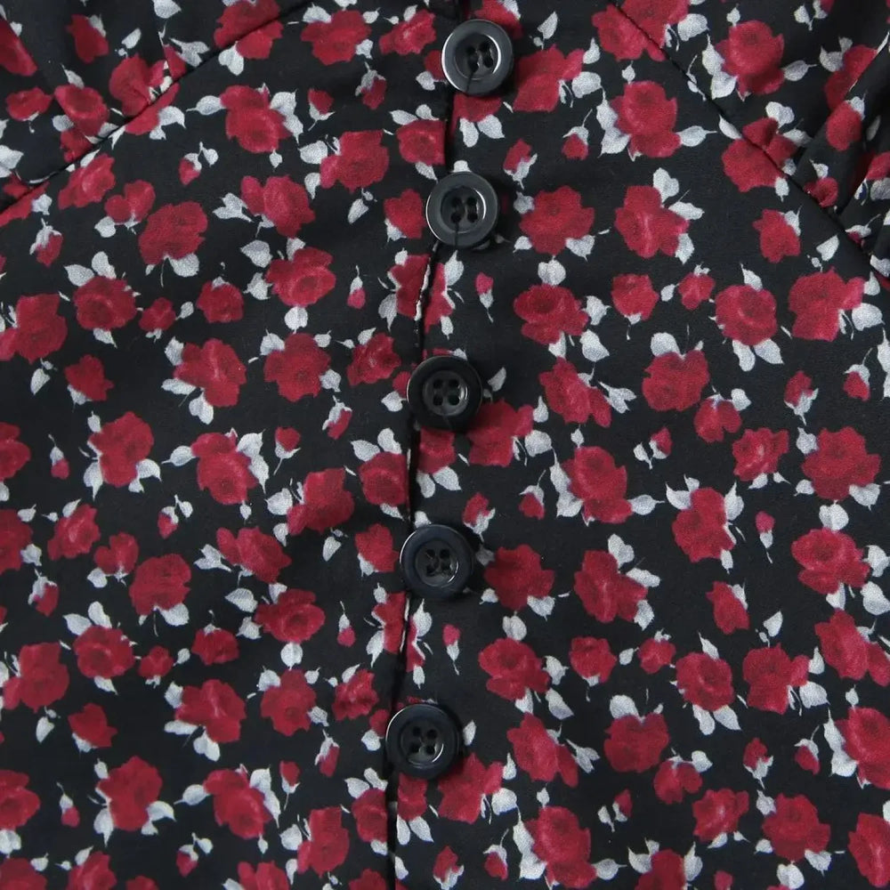 Retro Flower Print Slim Sexy Cropped Blouse