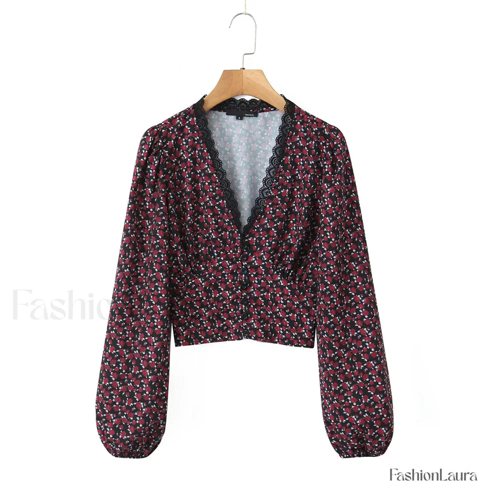 Retro Flower Print Slim Sexy Cropped Blouse Black / S