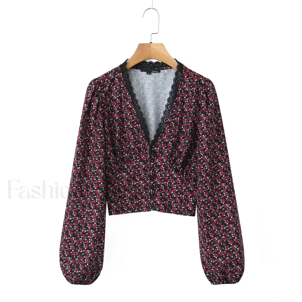 Retro Flower Print Slim Sexy Cropped Blouse Black / S