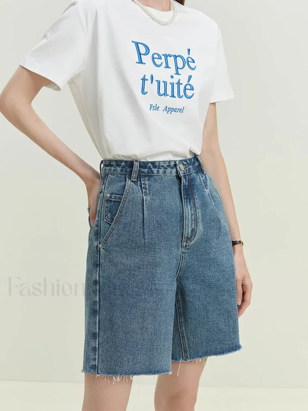 Retro Frayed trimmed Denim Blue Cotton Shorts