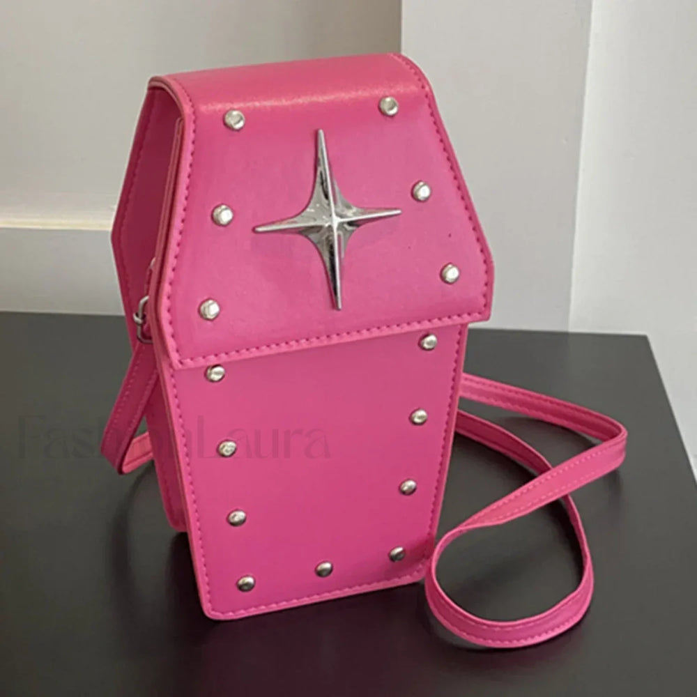 Retro Gothic Dark Personalized Star Rivet PU Leather Women Halloween Handbag Pink