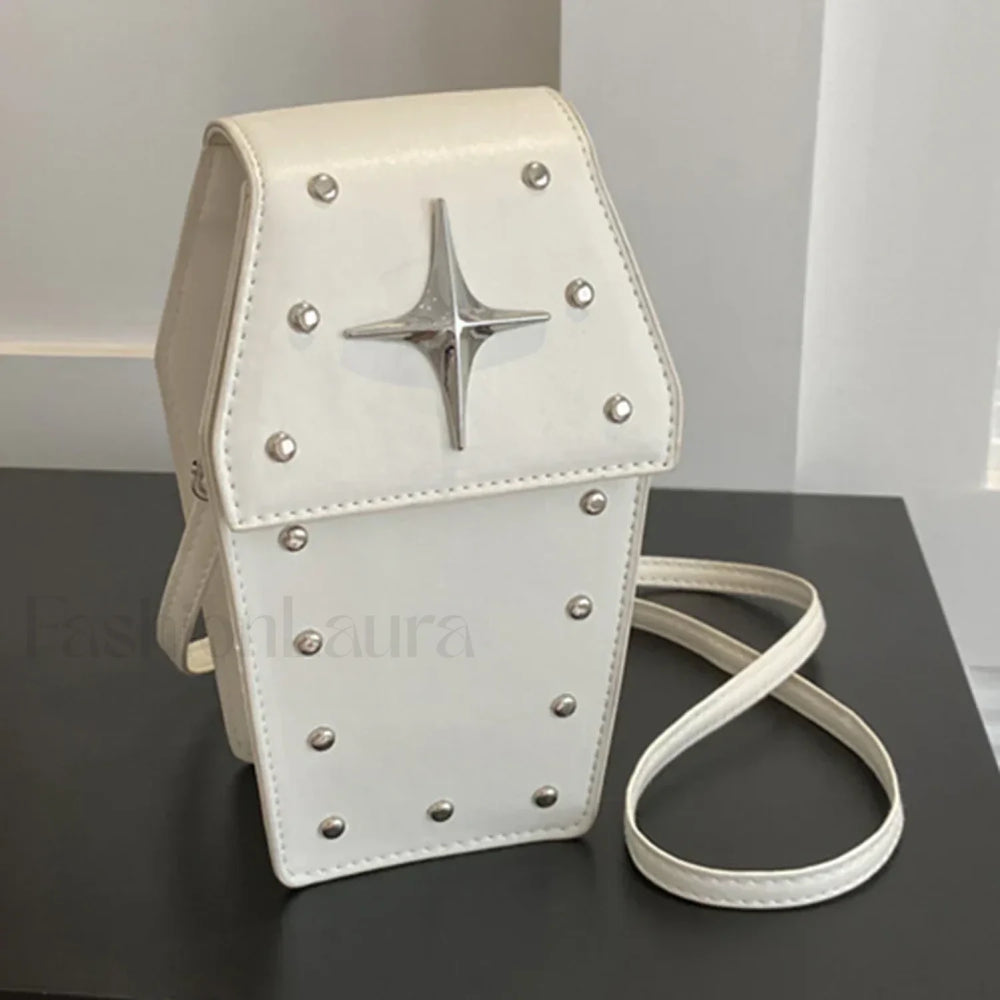 Retro Gothic Dark Personalized Star Rivet PU Leather Women Halloween Handbag White
