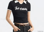 Retro Letter Tight Pullover Polo T Shirt Black / S