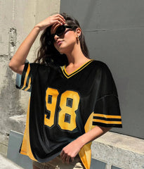 Retro Patchwork 98 Print V Neck T Shirt black / XXS