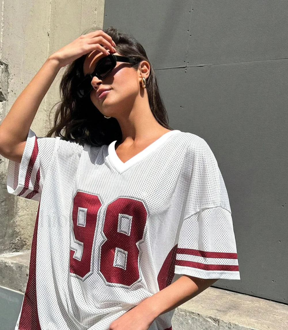 Retro Patchwork 98 Print V Neck T Shirt red / XXS