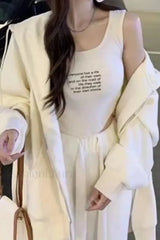 Retro Solid Color Zip Up Hoodie White / M