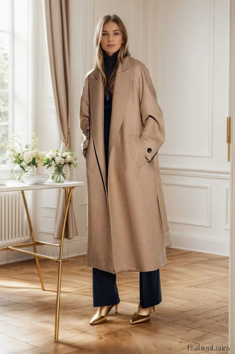 Retro Solid Woolen Coat Women Knee High Thick Turn Down Overcoat