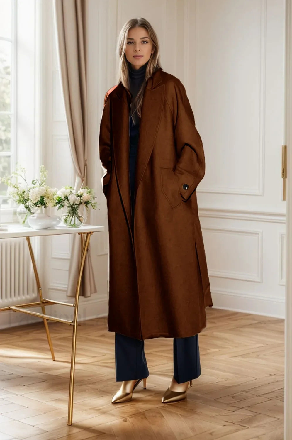 Retro Solid Woolen Coat Women Knee High Thick Turn-Down Overcoat Secondary image